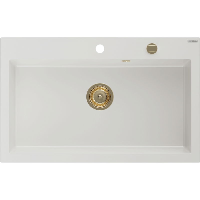 Mexen Elix chiuvetă de bucătărie cu 1 compartiment 800 x 500 mm, albă, sifon auriu - 6527801005-20-G