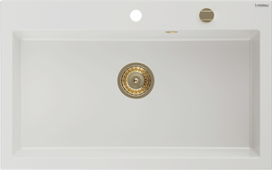 Mexen Elix chiuvetă de bucătărie cu 1 compartiment 800 x 500 mm, albă, sifon auriu - 6527801005-20-G