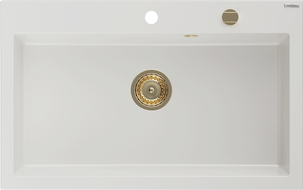 Mexen Elix chiuvetă de bucătărie din granit cu un singur compartiment 800 x 500 mm, alb, sifon auriu - 6527801005-20-G