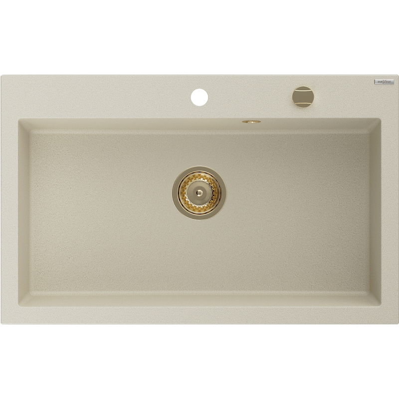 Mexen Elix chiuvetă de bucătărie din granit cu 1 compartiment 800 x 500 mm, bej, sifon auriu - 6527801005-69-G