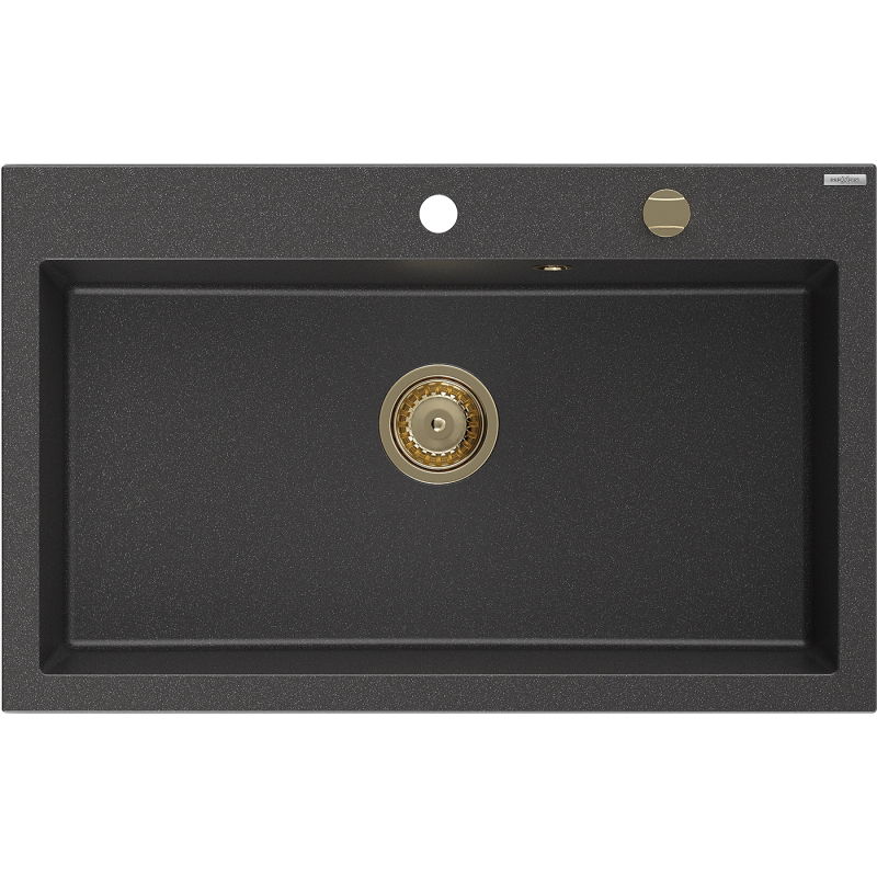 Mexen Elix chiuvetă de granit cu o cuvă 800 x 500 mm, neagră cu puncte, sifon auriu - 6527801005-76-G