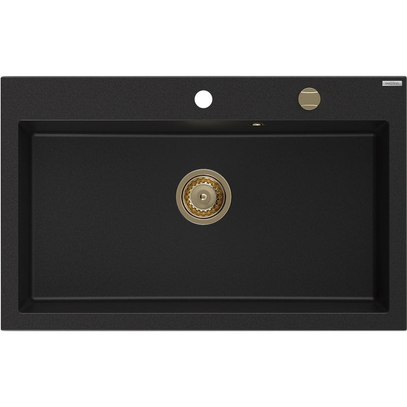 Mexen Elix chiuvetă de bucătărie din granit cu 1 compartiment 800 x 500 mm, neagră, sifon auriu - 6527801005-77-G