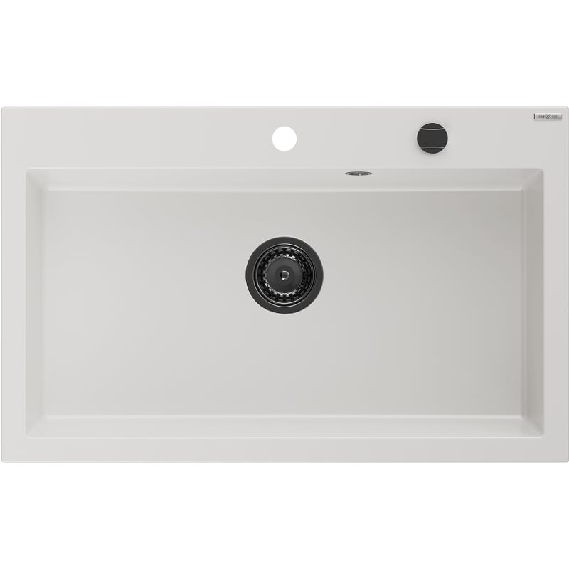 Mexen Elix egymedencés gránit mosogató 800 x 500 mm, fehér, fekete szifon - 6527801005-20-B