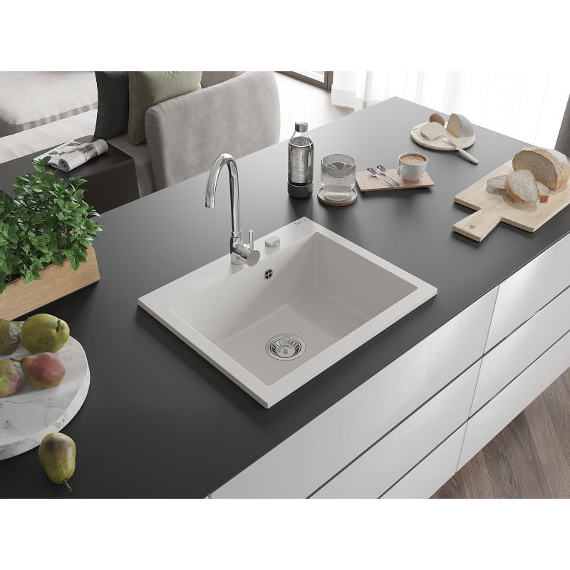 Mexen Elix 1-medencés gránit mosogató 600 x 500 mm, fehér, króm szifon - 6525601005-20