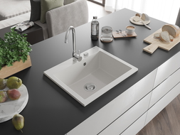 Chiuvetă granitică Mexen Elix cu 1 compartiment 600 x 500 mm, albă, sifon crom - 6525601005-20