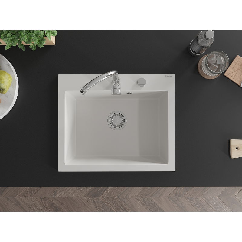 Mexen Elix 1-medencés gránit mosogató 600 x 500 mm, fehér, króm szifon - 6525601005-20