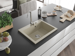 Mexen Elix chiuvetă de bucătărie din granit cu o cuvă 600 x 500 mm, bej, cu sifon cromat - 6525601005-69