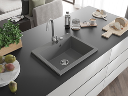 Mexen Elix chiuvetă de bucătărie din granit cu 1 compartiment 600 x 500 mm, gri, sifon crom - 6525601005-71