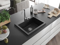 Mexen Elix chiuvetă de bucătărie din granit cu 1 compartiment 600 x 500 mm, negru/argintiu metalizat, sifon crom - 6525601005-73