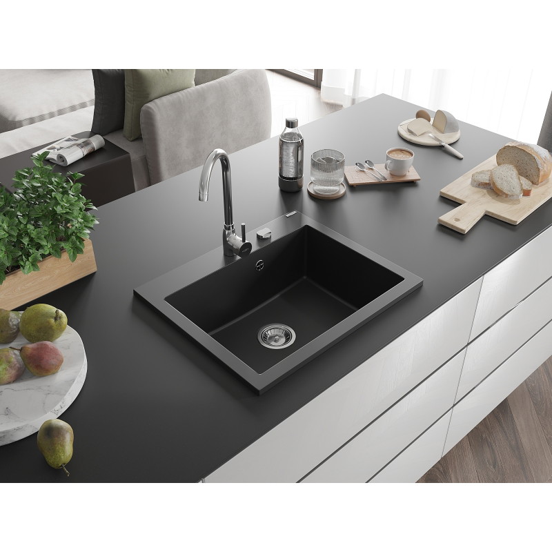 Mexen Elix chiuvetă de granit 1-cameră 600 x 500 mm, neagră, sifon crom - 6525601005-77