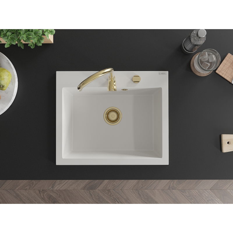 Mexen Elix gránit mosogató 1-medencés 600 x 500 mm, fehér, arany szifon - 6525601005-20-G