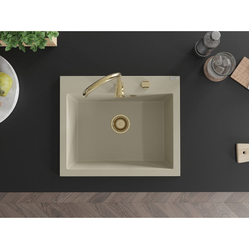 Mexen Elix chiuvetă din granit cu 1 compartiment 600 x 500 mm, bej, sifon auriu - 6525601005-69-G