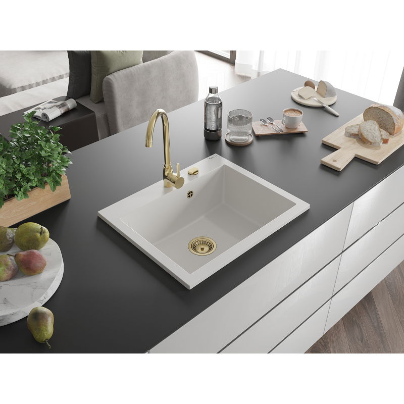 Mexen Elix chiuvetă din granit cu 1 compartiment 600 x 500 mm, albă, sifon auriu - 6525601005-20-G