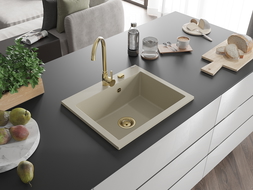 Mexen Elix chiuvetă din granit cu 1 compartiment 600 x 500 mm, bej, sifon auriu - 6525601005-69-G