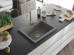 Chiuvetă granit Mexen Elix 1-cameră 600 x 500 mm, gri, sifon auriu - 6525601005-71-G