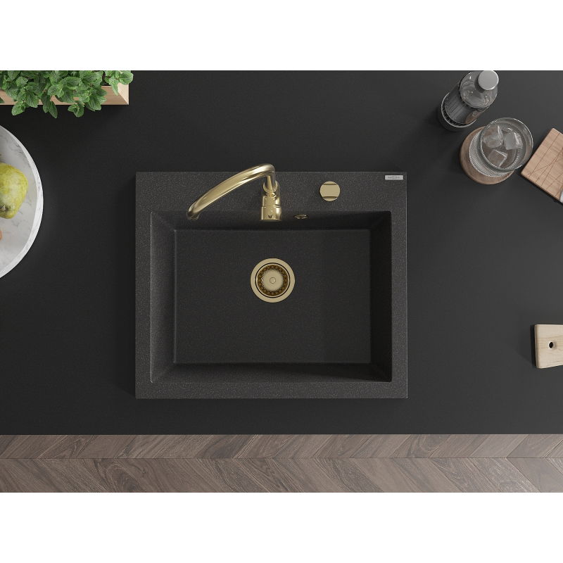 Mexen Elix chiuvetă de granit cu o singură cuvă 600 x 500 mm, negru pătat, sifon auriu - 6525601005-76-G