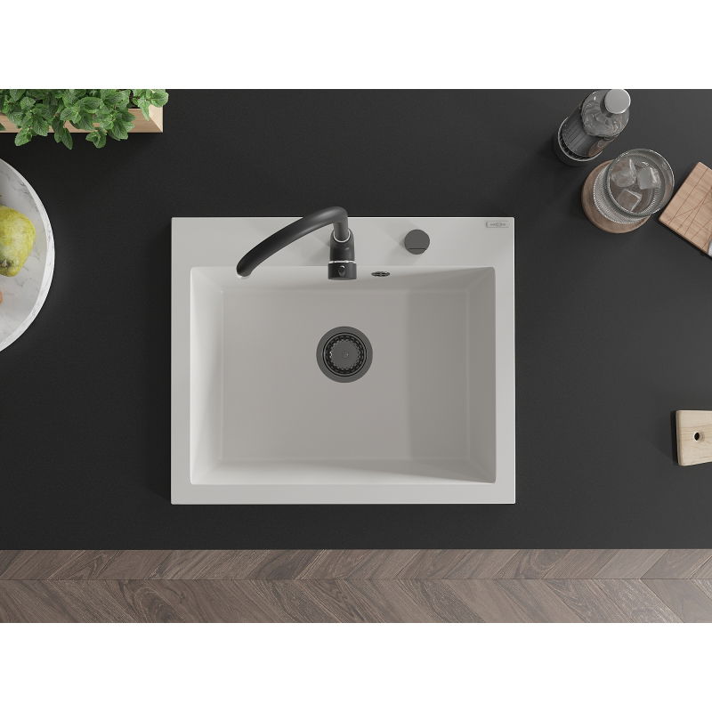 Mexen Elix chiuvetă din granit cu 1 compartiment 600 x 500 mm, alb, sifon negru - 6525601005-20-B