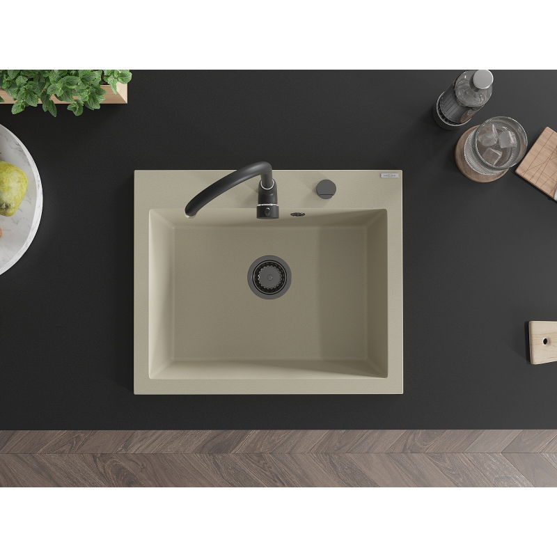 Mexen Elix chiuvetă de bucătărie din granit cu 1 compartiment 600 x 500 mm, bej, sifon negru- 6525601005-69-B