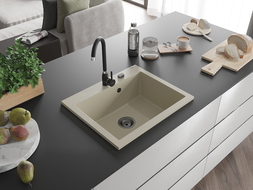 Mexen Elix chiuvetă de bucătărie din granit cu 1 compartiment 600 x 500 mm, bej, sifon negru- 6525601005-69-B