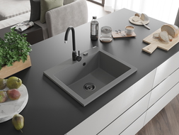 Mexen Elix 1-kamrás gránit mosogató 600 x 500 mm, szürke, fekete szifon - 6525601005-71-B