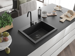 Mexen Elix chiuvetă de bucătărie din granit cu 1 cuvă 600 x 500 mm, negru/argintiu metalic, sifon negru - 6525601005-73-B