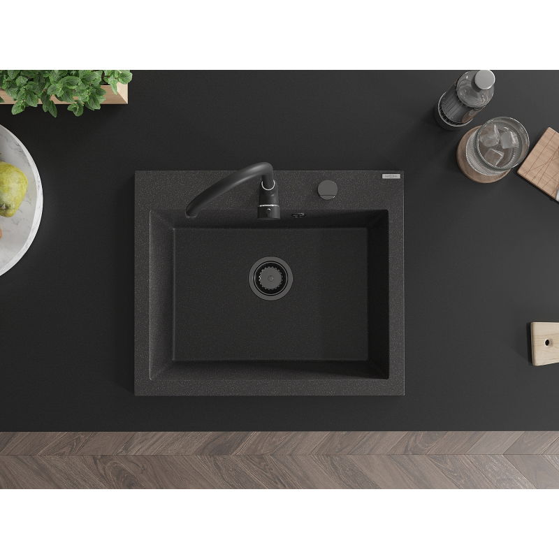 Mexen Elix chiuvetă de bucătărie din granit cu 1 compartiment 600 x 500 mm, negru cu pete, sifon negru - 6525601005-76-B
