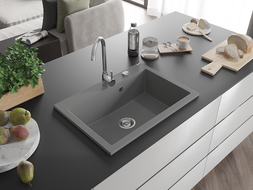 Chiuvetă granitică Mexen Elix cu 1 compartiment 700 x 500 mm, gri, sifon crom - 6526701005-71