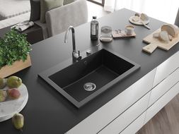 Mexen Elix egymedencés gránit mosogató 700 x 500 mm, fekete/ezüst metál, krómozott szifon - 6526701005-73