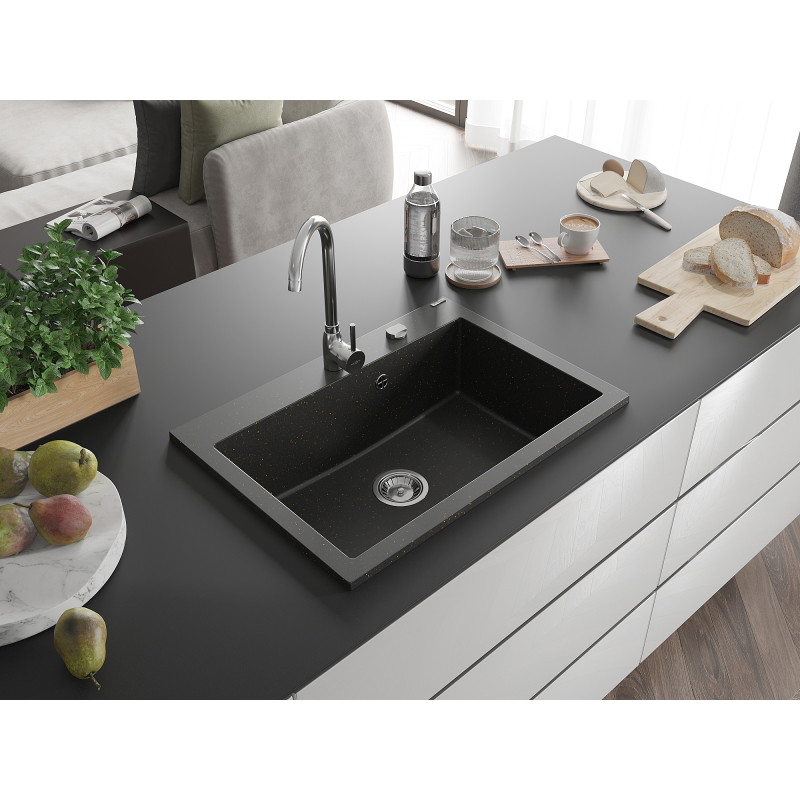 Mexen Elix chiuvetă de granit cu 1 cuvă 700 x 500 mm, negru/auriu metalizat, sifon cromat - 6526701005-75