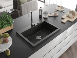 Mexen Elix gránit mosogató 1-medencés 700 x 500 mm, fekete/arany metál, krómozott szifon - 6526701005-75