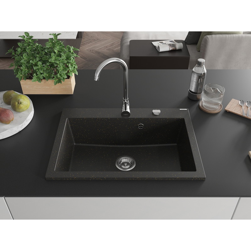 Mexen Elix chiuvetă de granit cu 1 cuvă 700 x 500 mm, negru/auriu metalizat, sifon cromat - 6526701005-75
