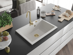 Mexen Elix chiuvetă de bucătărie din granit cu 1 compartiment 700 x 500 mm, alb, sifon auriu - 6526701005-20-G