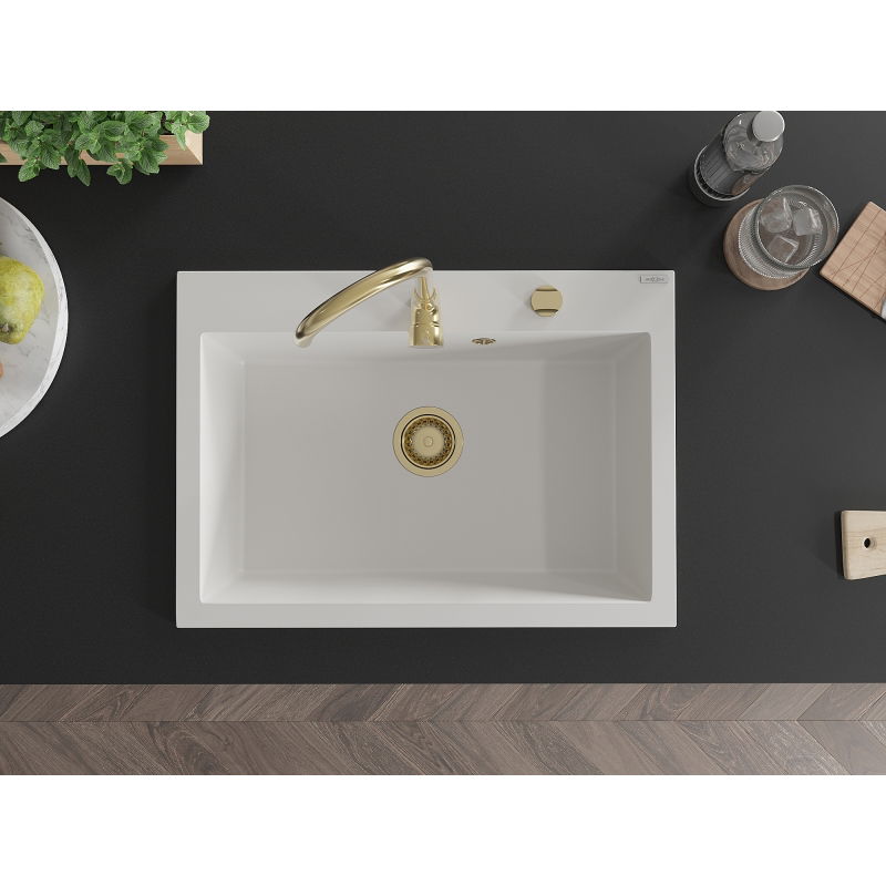 Mexen Elix 1 rekeszes gránit mosogató 700 x 500 mm, fehér, arany szifon - 6526701005-20-G