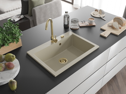 Mexen Elix chiuvetă de granit cu 1 cuvă 700 x 500 mm, bej, sifon auriu - 6526701005-69-G