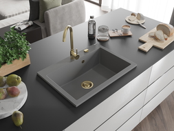 Mexen Elix gránit mosogató 1-medencés 700 x 500 mm, szürke, arany szifon - 6526701005-71-G