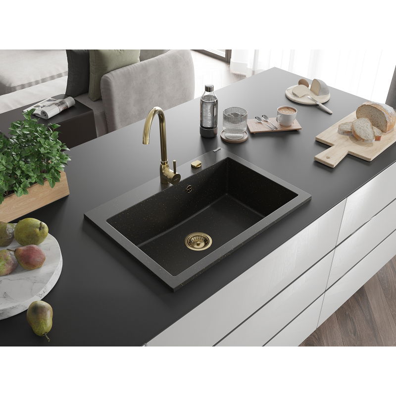 Mexen Elix chiuvetă din granit cu o cuvă 700 x 500 mm, negru/auriu metalizat, sifon auriu - 6526701005-75-G