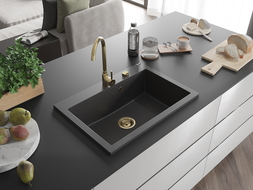 Mexen Elix chiuvetă de bucătărie din granit cu 1 cuvă 700 x 500 mm, negru cu picățele, sifon auriu - 6526701005-76-G