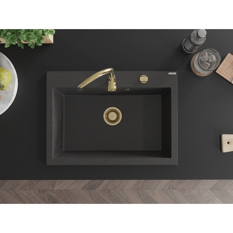 Mexen Elix egymedencés gránit mosogató 700 x 500 mm, fekete pöttyös, arany szifonnal - 6526701005-76-G