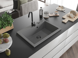 Mexen Elix 1-medencés gránit mosogató 700 x 500 mm, szürke, fekete szifon - 6526701005-71-B