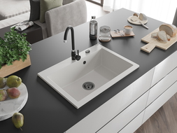 Mexen Elix chiuvetă de bucătărie din granit cu 1 compartiment 700 x 500 mm, alb, sifon negru - 6526701005-20-B