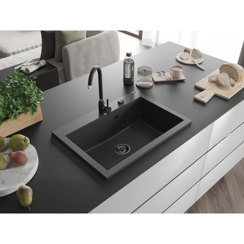 Mexen Elix 1-kamrás gránit mosogató 700 x 500 mm, fekete pöttyös, fekete szifon - 6526701005-76-B