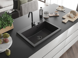 Mexen Elix chiuvetă de granit cu 1 compartiment 700 x 500 mm, negru cu pete, sifon negru - 6526701005-76-B