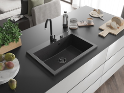 Mexen Elix egymedencés gránit mosogató 700 x 500 mm, fekete pöttyös, fekete szifon - 6526701005-76-B