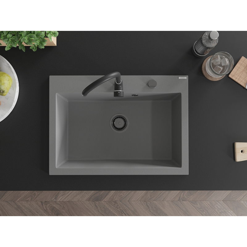 Mexen Elix 1-medencés gránit mosogató 700 x 500 mm, szürke, fekete szifon - 6526701005-71-B
