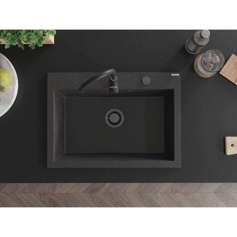 Mexen Elix chiuvetă de granit cu 1 compartiment 700 x 500 mm, negru cu pete, sifon negru - 6526701005-76-B