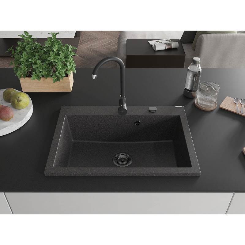 Mexen Elix 1-kamrás gránit mosogató 700 x 500 mm, fekete pöttyös, fekete szifon - 6526701005-76-B