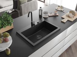 Mexen Elix chiuvetă de bucătărie din granit cu 1 cuvă 700 x 500 mm, negru/argintiu metalizat, sifon negru - 6526701005-73-B