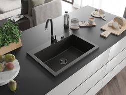 Mexen Elix chiuvetă de bucătărie din granit cu 1 compartiment 700 x 500 mm, negru/auriu metalizat, sifon negru - 6526701005-75-B