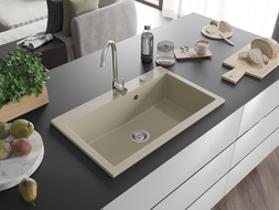 Mexen Elix gránit mosogató 1-medencés 800 x 500 mm, bézs, króm szifon - 6527801005-69