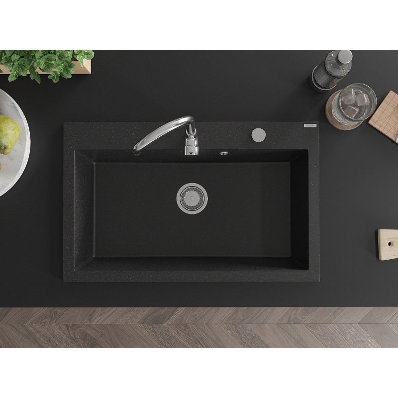 Mexen Elix chiuvetă de bucătărie din granit cu 1 cameră 800 x 500 mm, negru/argintiu metalizat, sifon crom - 6527801005-73